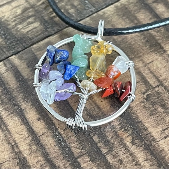 goddess zodiac Jewelry - 36mm Chakra Chip Wire Wrap Pendant Necklace